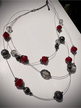 Multi-Strand Red & Silver Bead Necklace - Vintage